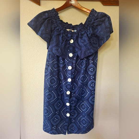 Zara Navy Eyelet Off The Shoulder Button Front Mini Dress Womens Size M - Picture 1 of 7